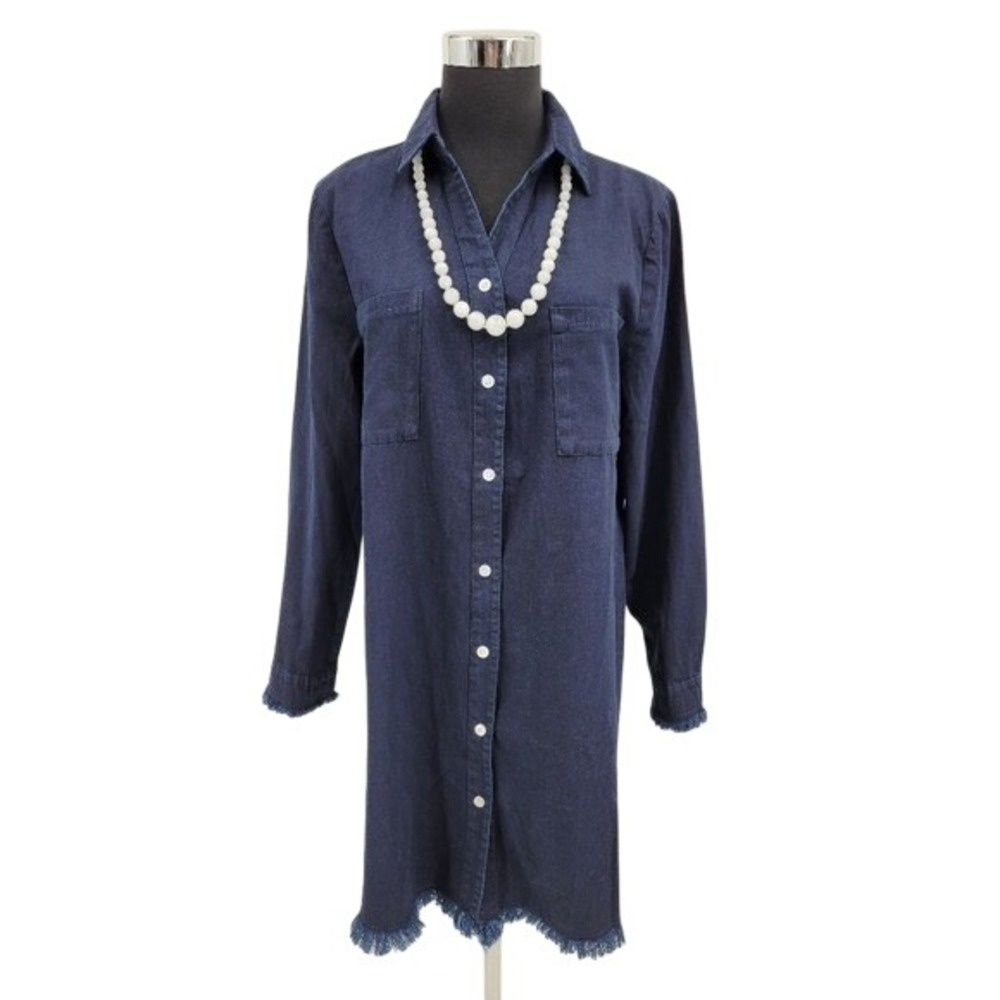 Zilcremo Womens Denim Shirt Dress‎ Dark Wash Frayed Hem Long Sleeve Size M NEW